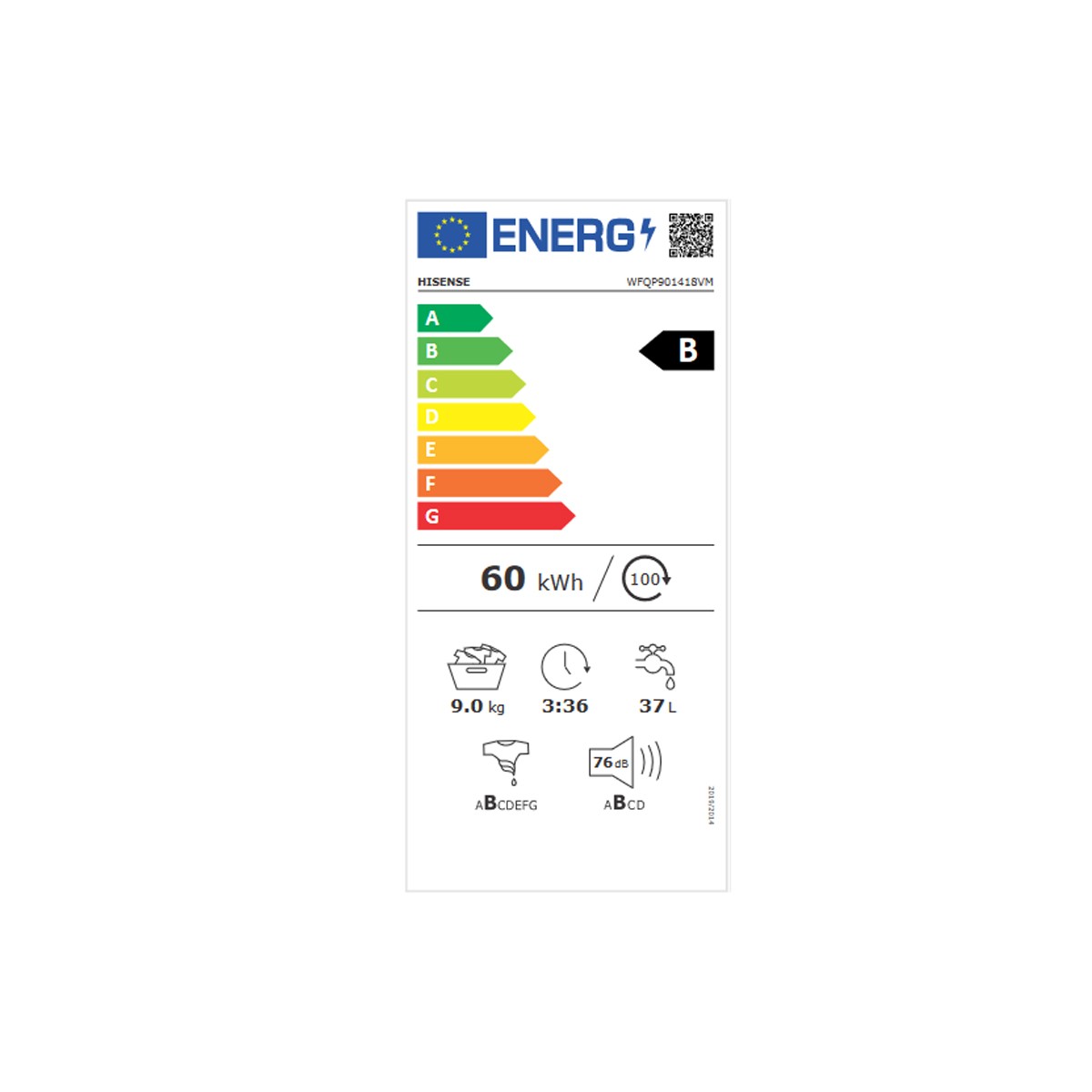 355,74 € - Lavadora Hisense WFQP901418VM 9kg 1400rpm