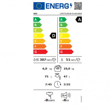 Lavasecadora Aeg LWR7316O4B 10kg 1600rpm